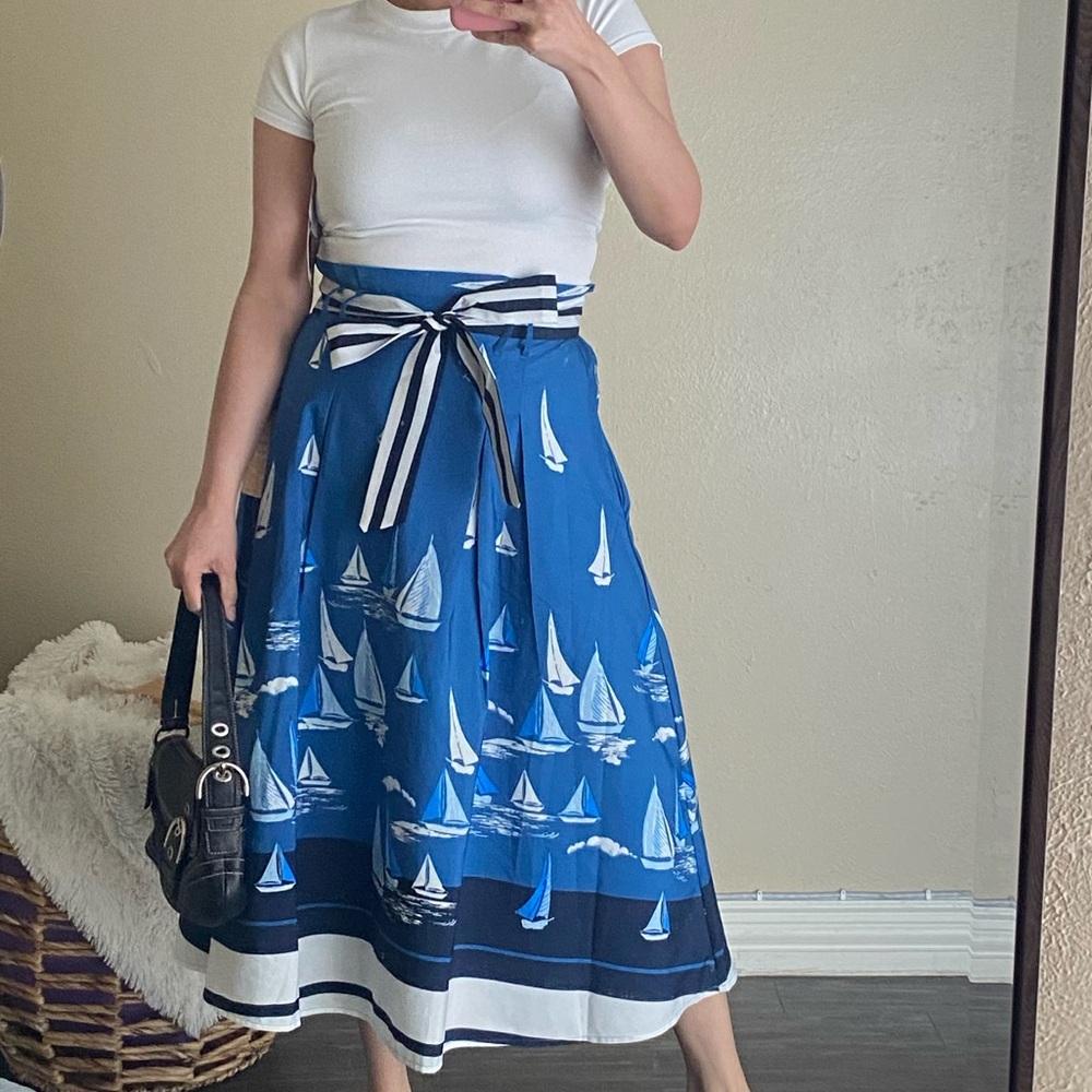 Pleated, A-Cut Sailboats on the Ocean With Stripes Fabric Belt (Size-M)
